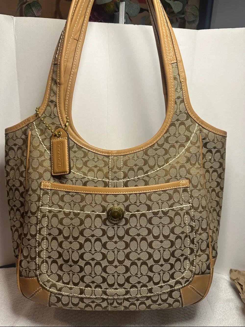 Rare Coach Ergo Khaki Signature mini C’s Canvas Hobo Tote with Caramel Leather - Picture 2 of 13